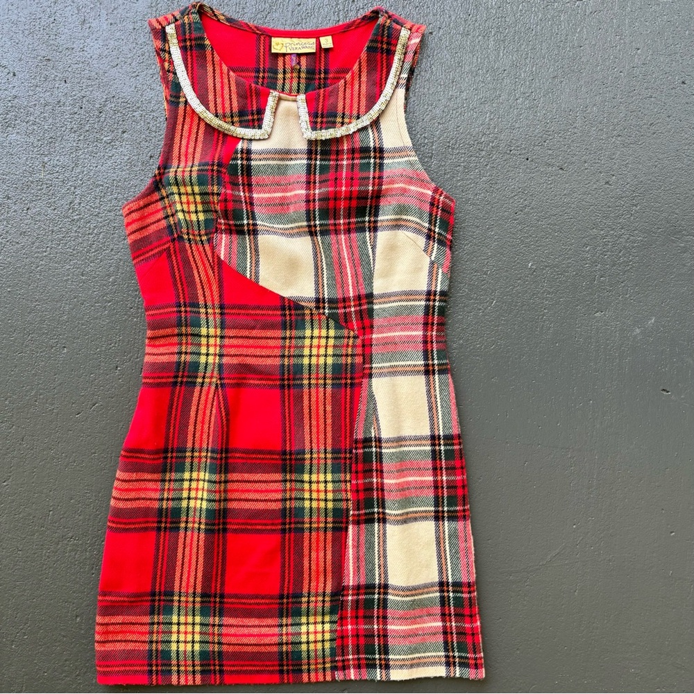 Princess Vera Wang Tailor Fitted Tartan Plaid Sequin Collar Jumper Mini Dress